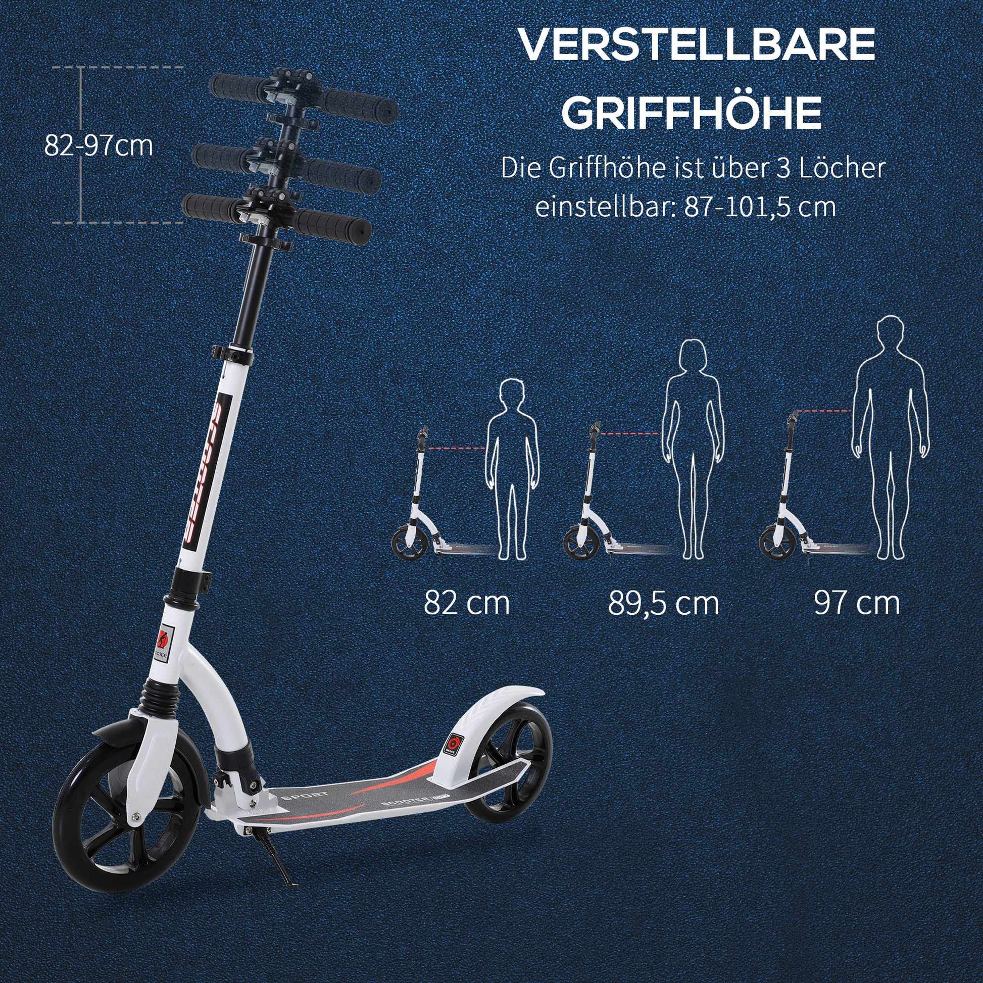 Kids Scooter, Kick Scooter with Shock Absorption, Folding and Height Adjustable, for Ages 14 and Up, Aluminum, White, 92.5 x 37.5 x 82-97 cm
