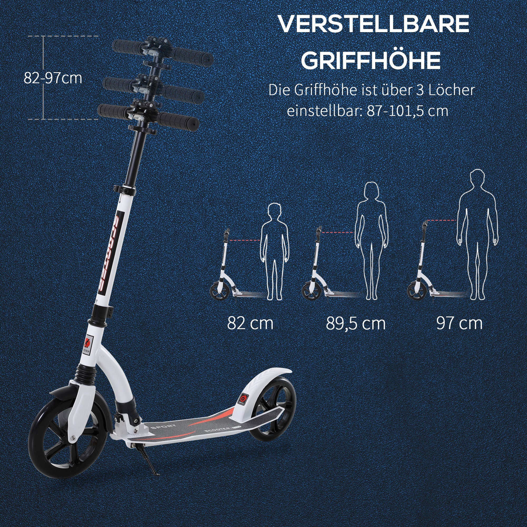 Kids Scooter, Kick Scooter with Shock Absorption, Folding and Height Adjustable, for Ages 14 and Up, Aluminum, White, 92.5 x 37.5 x 82-97 cm