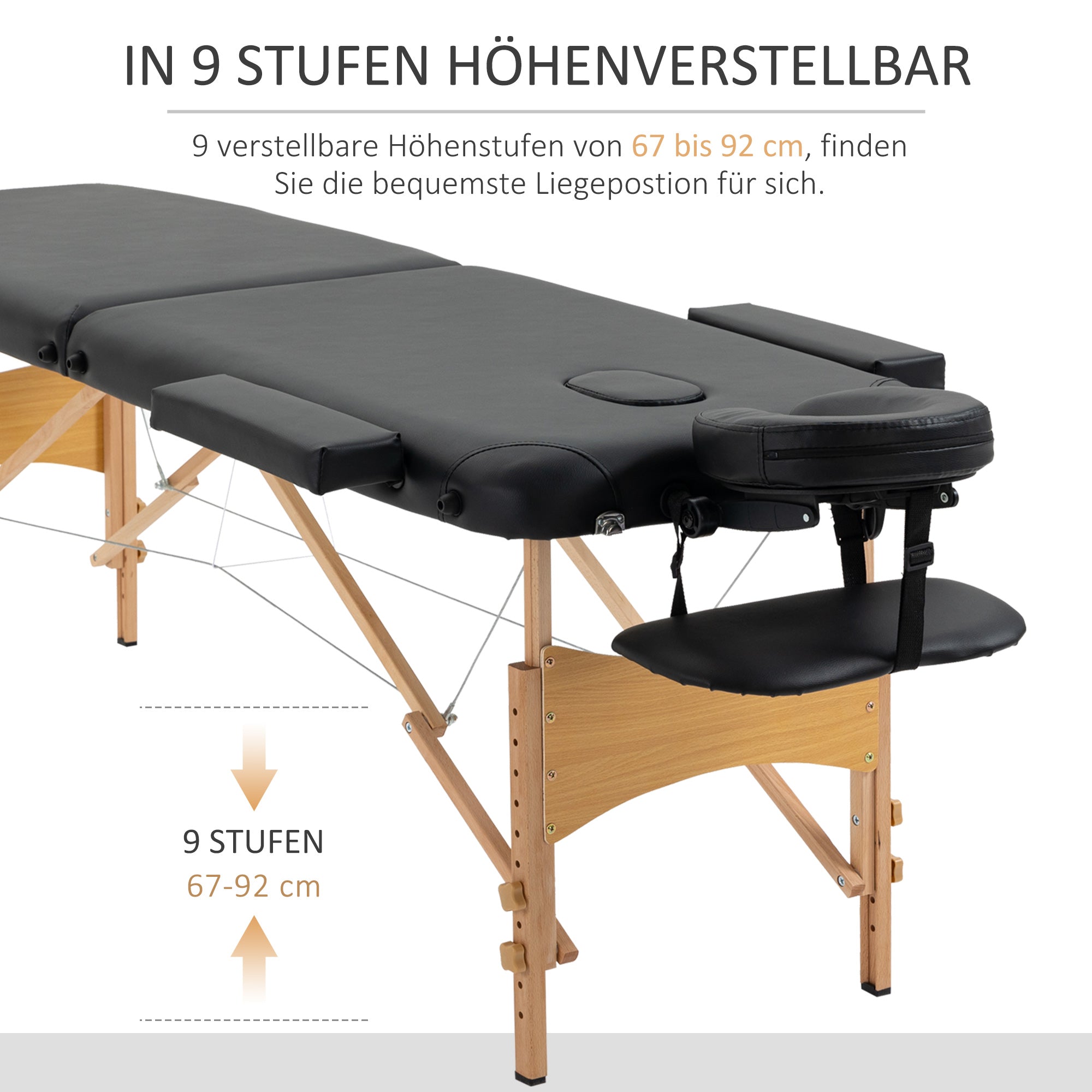 Massage Table, Foldable Massage Bed, Height Adjustable Massage Bench, Massage Couch with Headrest, for Spa, Salon, Faux Leather, Beech Wood, Black