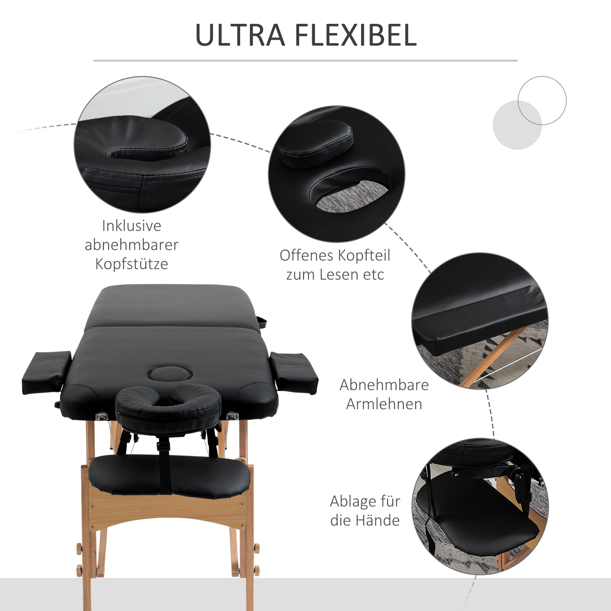 Massage Table, Foldable Massage Bed, Height Adjustable Massage Bench, Massage Couch with Headrest, for Spa, Salon, Faux Leather, Beech Wood, Black