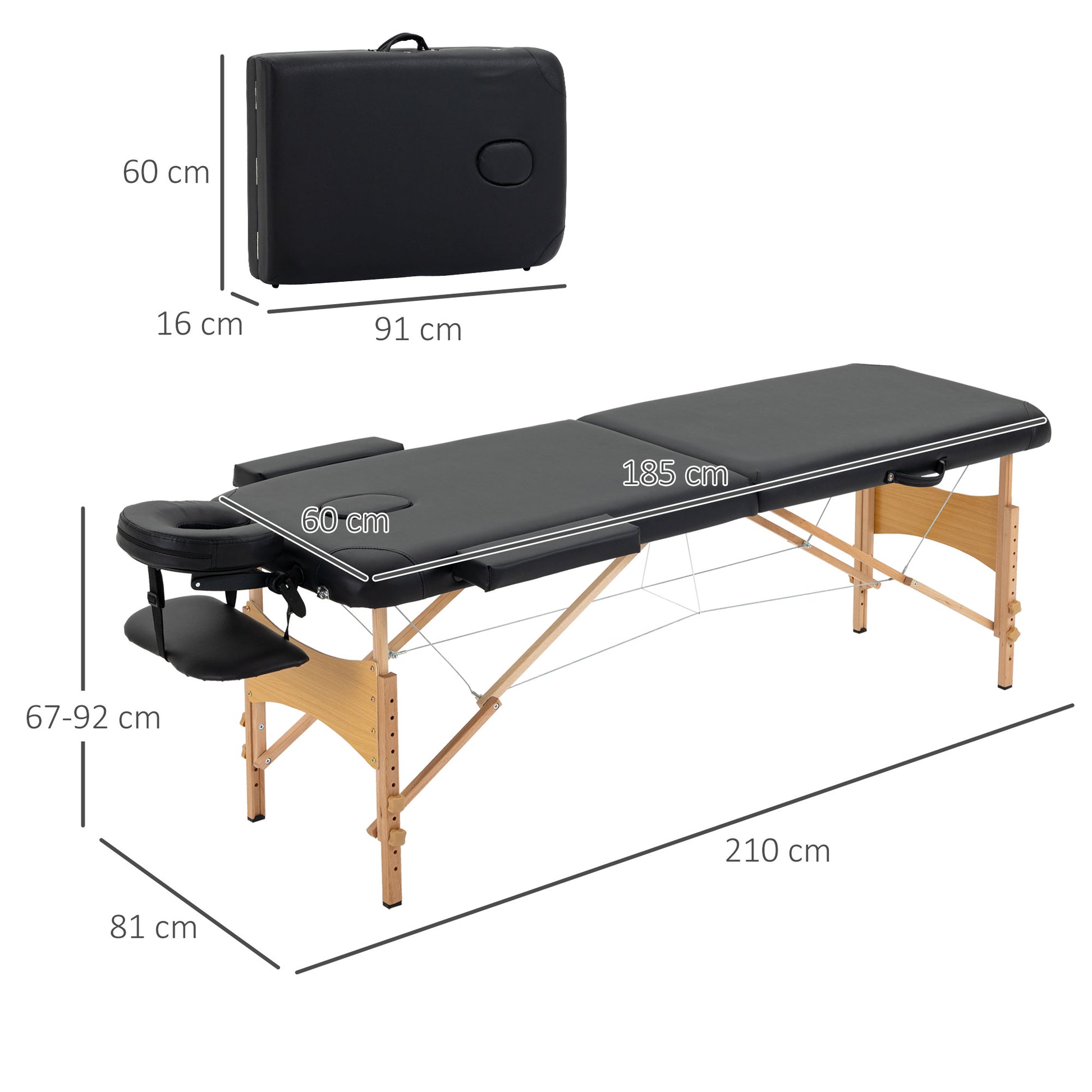 Massage Table, Foldable Massage Bed, Height Adjustable Massage Bench, Massage Couch with Headrest, for Spa, Salon, Faux Leather, Beech Wood, Black