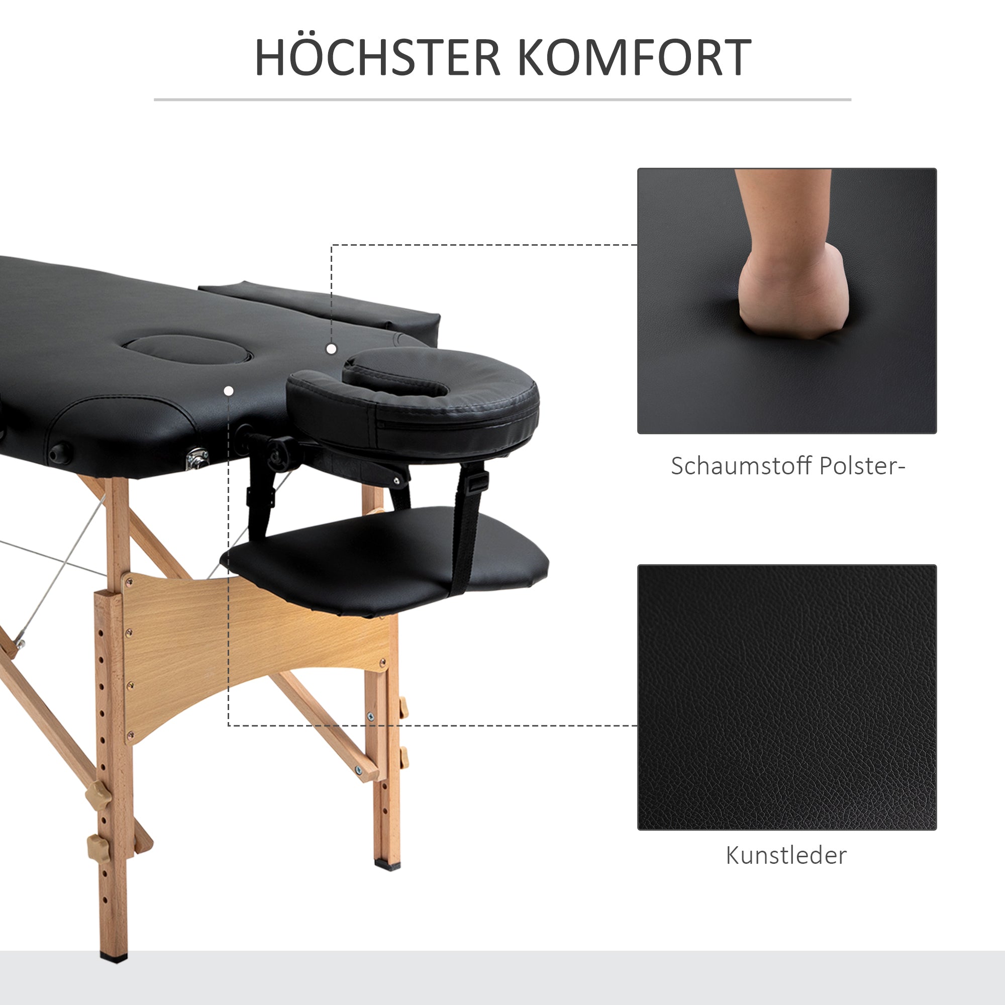 Massage Table, Foldable Massage Bed, Height Adjustable Massage Bench, Massage Couch with Headrest, for Spa, Salon, Faux Leather, Beech Wood, Black