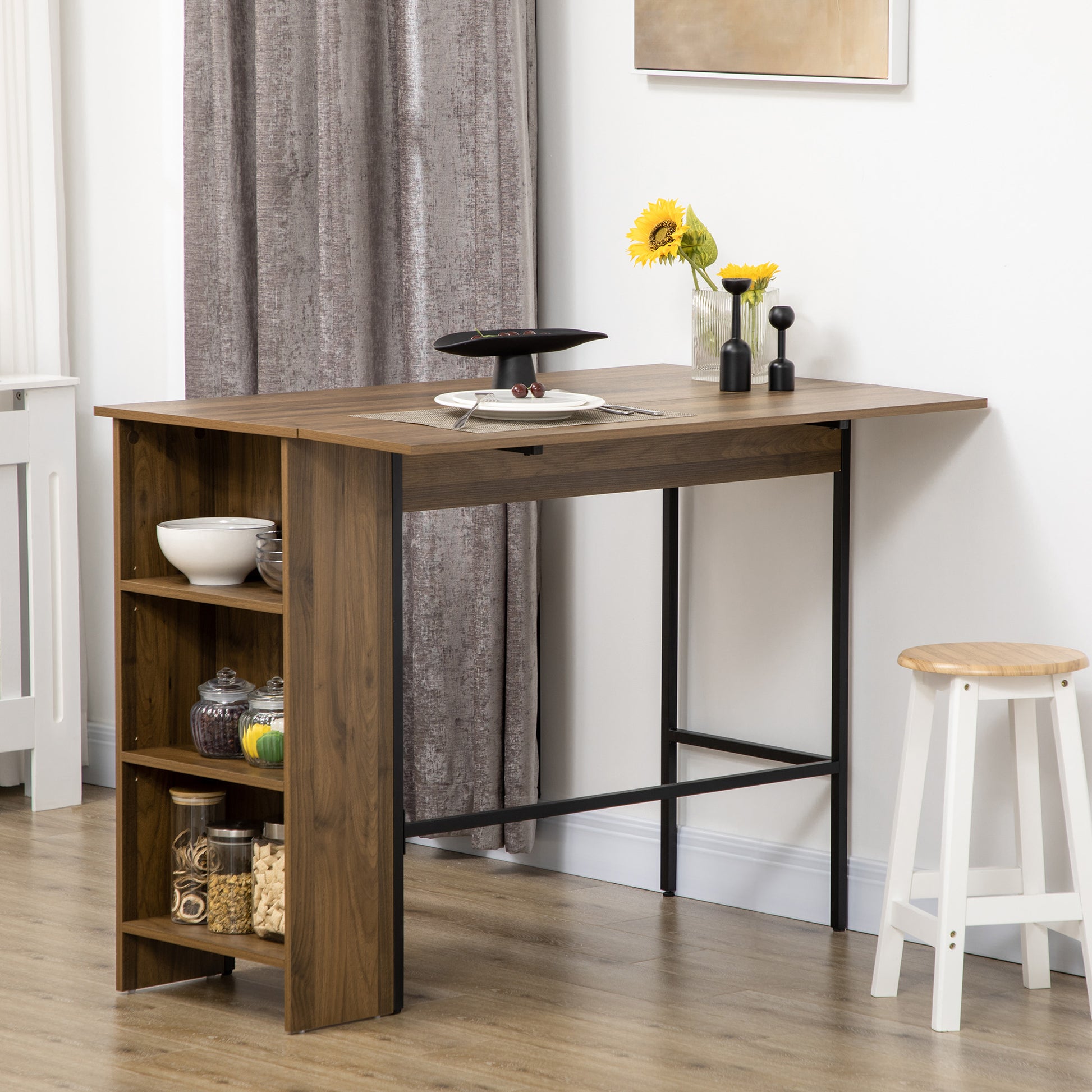 Extendable Bar Table Bistro Table Dining Table with 3 Storage Shelves and Metal Frame for Kitchen Dining 120x76x91.4 cm Brown