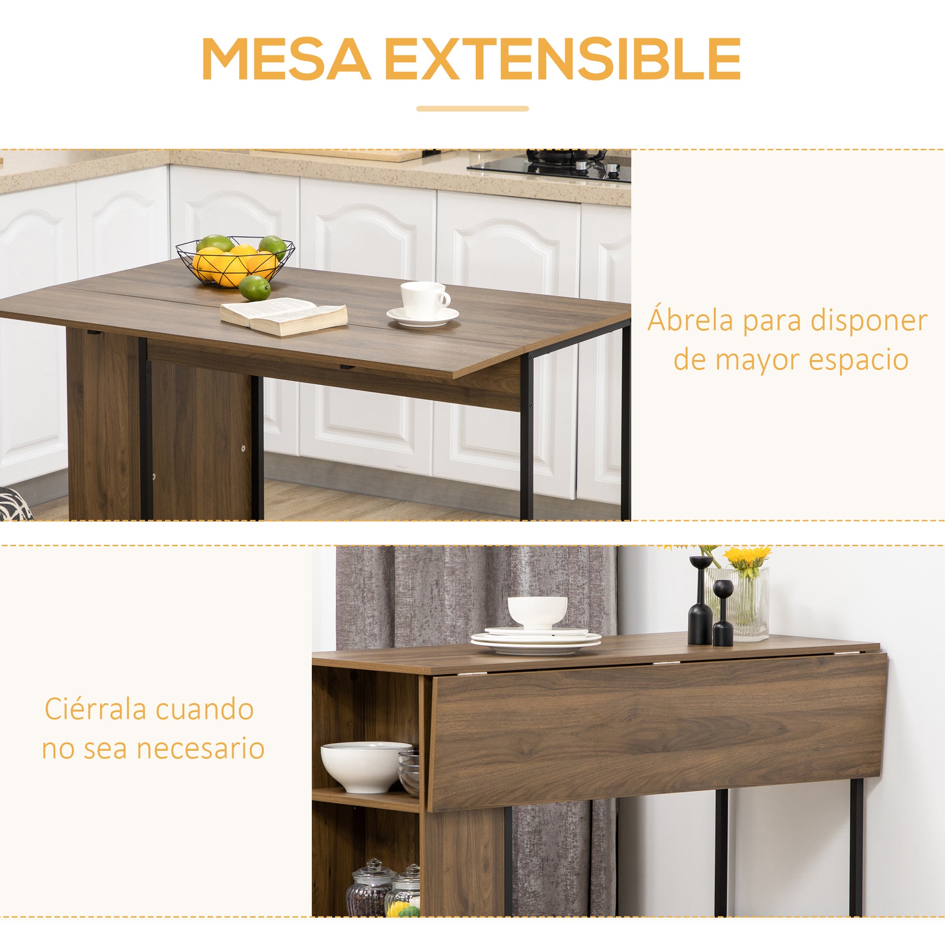Extendable Bar Table Bistro Table Dining Table with 3 Storage Shelves and Metal Frame for Kitchen Dining 120x76x91.4 cm Brown