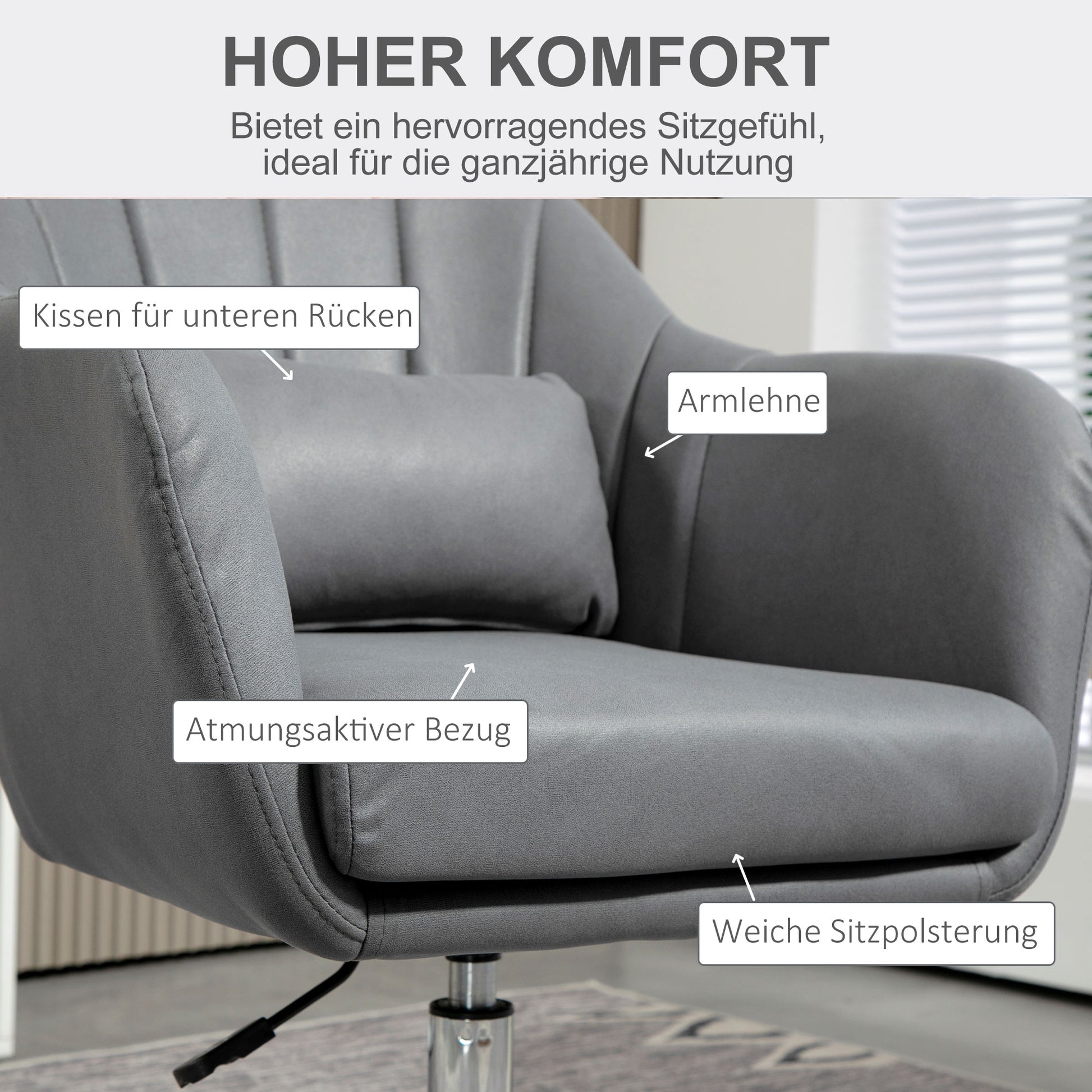 Armchair Lounge Chair with Armrest, Lumbar Pillow, Upholstered Recliner with Metal Frame, Microfiber Cloth, Height Adjustable Swivel Chair for Bedroom, Living Room, Dark Gray