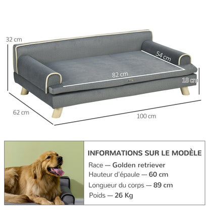Scandinavian Design Sofa for Dogs Cats Removable Fluffy Cushion Solid Wood Legs 100 x 62 x 32 cm Gray