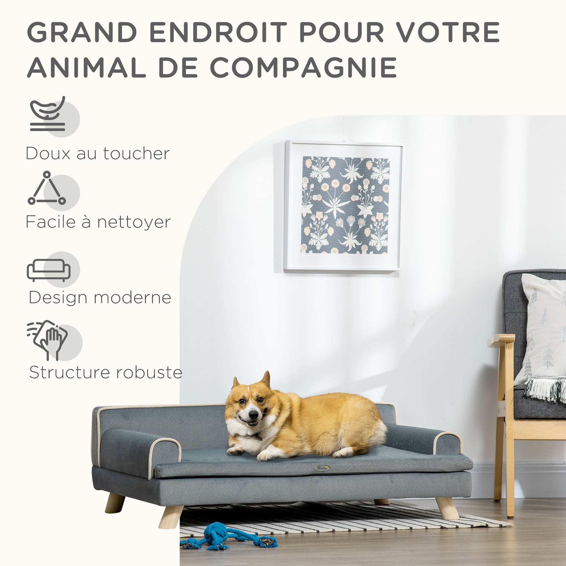 Scandinavian Design Sofa for Dogs Cats Removable Fluffy Cushion Solid Wood Legs 100 x 62 x 32 cm Gray