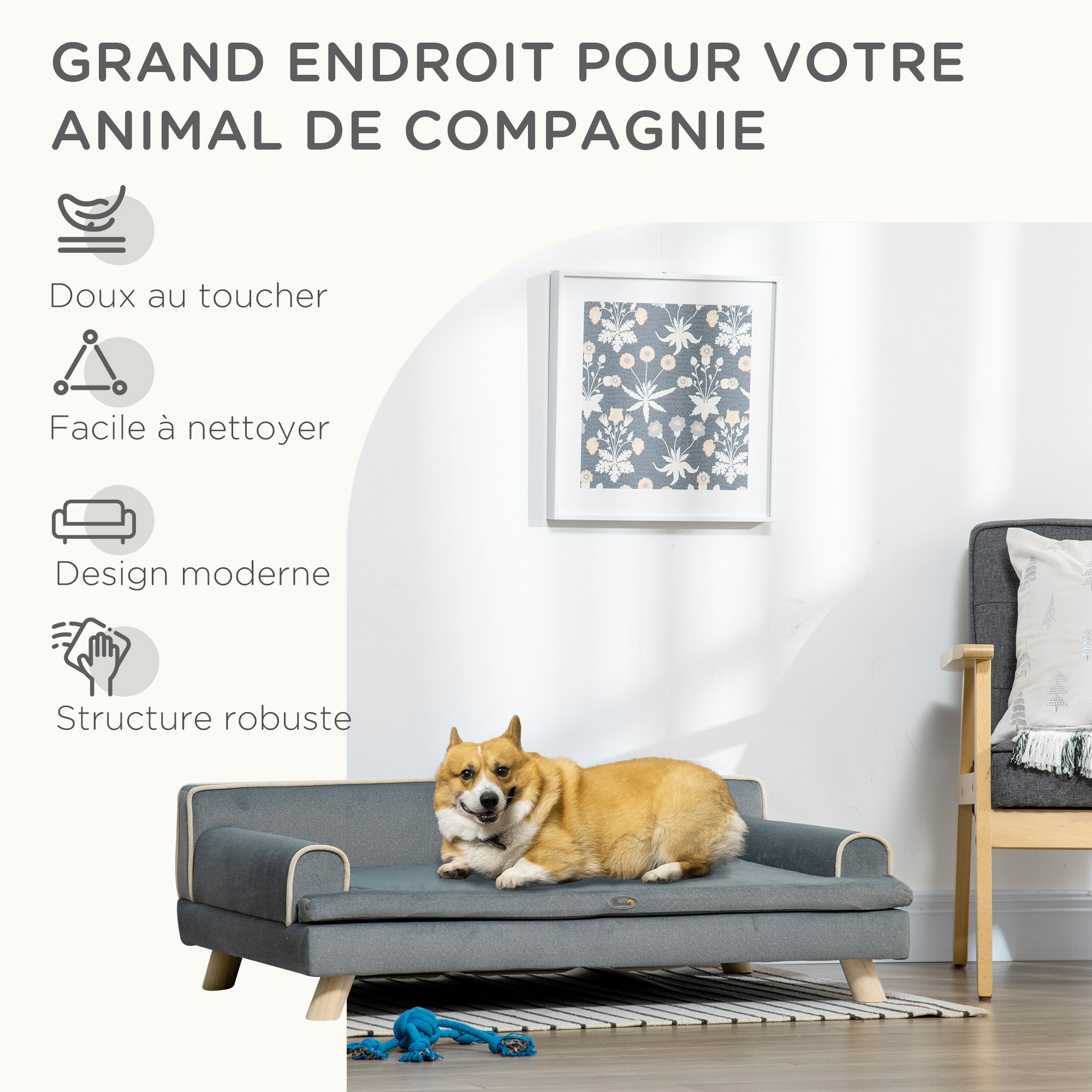Scandinavian Design Sofa for Dogs Cats Removable Fluffy Cushion Solid Wood Legs 100 x 62 x 32 cm Gray