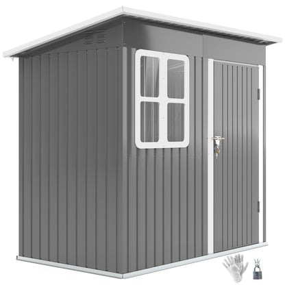 Garden Shed 2.55m², Shed with Pent Roof, 221 x 133 x 190/173 cm, Tool Shed with Lockable Door, Window, Bicycle Garage, Steel Garden Cabinet, for Backyard, Garden, Dark Gray