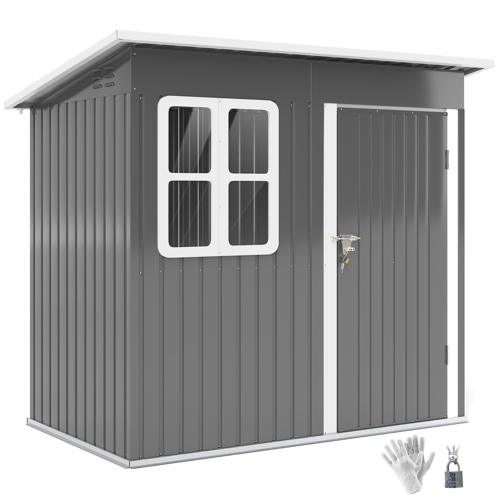 Garden Shed 2.55m², Shed with Pent Roof, 221 x 133 x 190/173 cm, Tool Shed with Lockable Door, Window, Bicycle Garage, Steel Garden Cabinet, for Backyard, Garden, Dark Gray