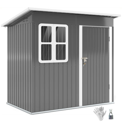 Garden Shed 2.55m², Shed with Pent Roof, 221 x 133 x 190/173 cm, Tool Shed with Lockable Door, Window, Bicycle Garage, Steel Garden Cabinet, for Backyard, Garden, Dark Gray