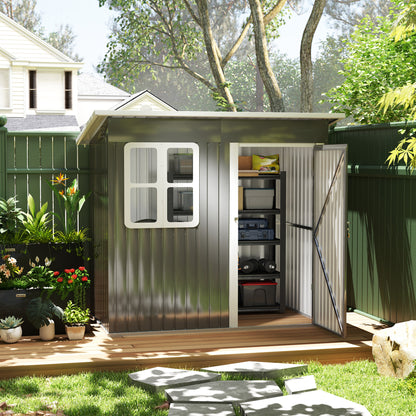 Garden Shed 2.55m², Shed with Pent Roof, 221 x 133 x 190/173 cm, Tool Shed with Lockable Door, Window, Bicycle Garage, Steel Garden Cabinet, for Backyard, Garden, Dark Gray