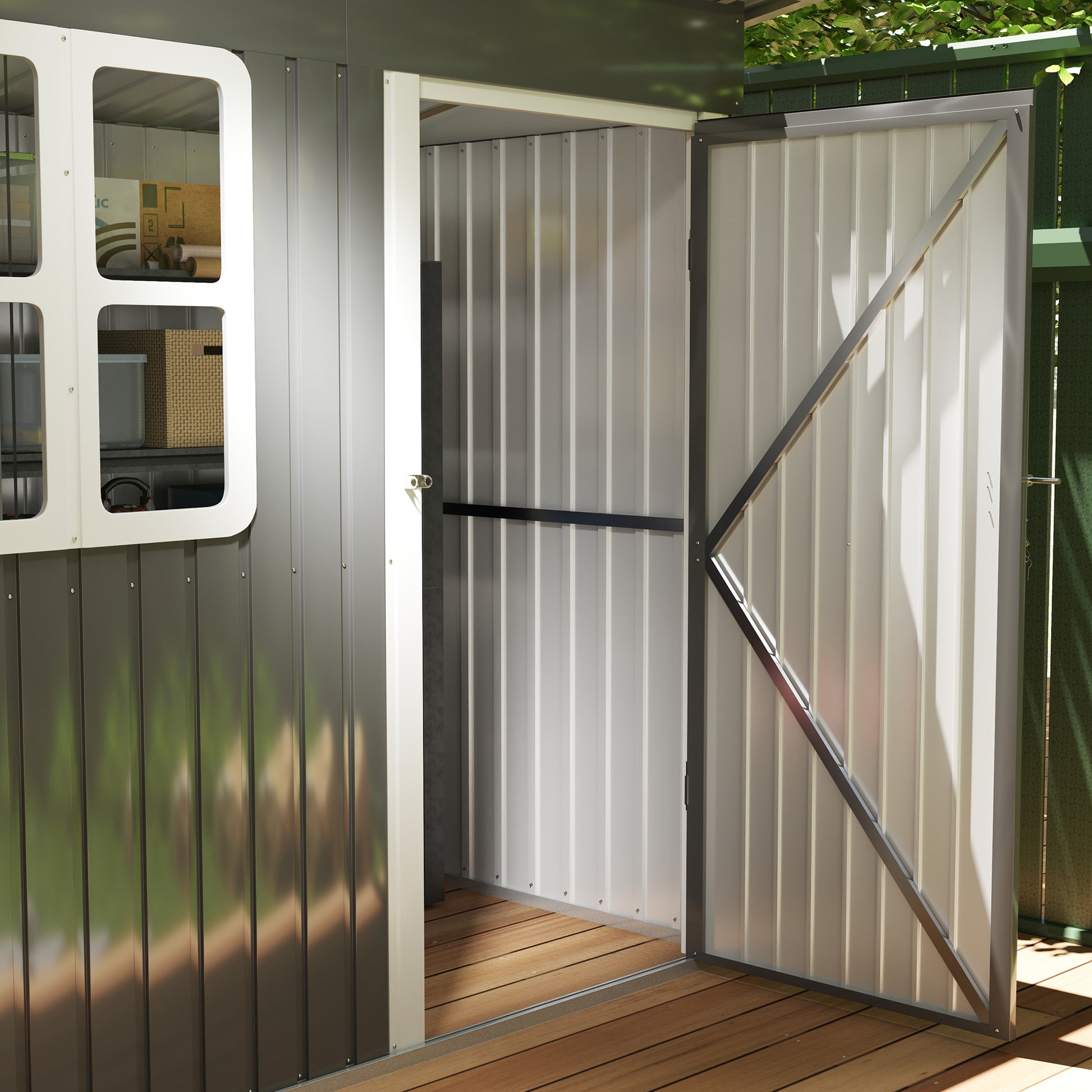 Garden Shed 2.55m², Shed with Pent Roof, 221 x 133 x 190/173 cm, Tool Shed with Lockable Door, Window, Bicycle Garage, Steel Garden Cabinet, for Backyard, Garden, Dark Gray