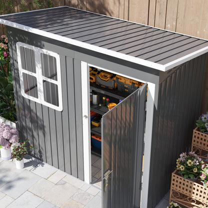 Garden Shed 2.55m², Shed with Pent Roof, 221 x 133 x 190/173 cm, Tool Shed with Lockable Door, Window, Bicycle Garage, Steel Garden Cabinet, for Backyard, Garden, Dark Gray