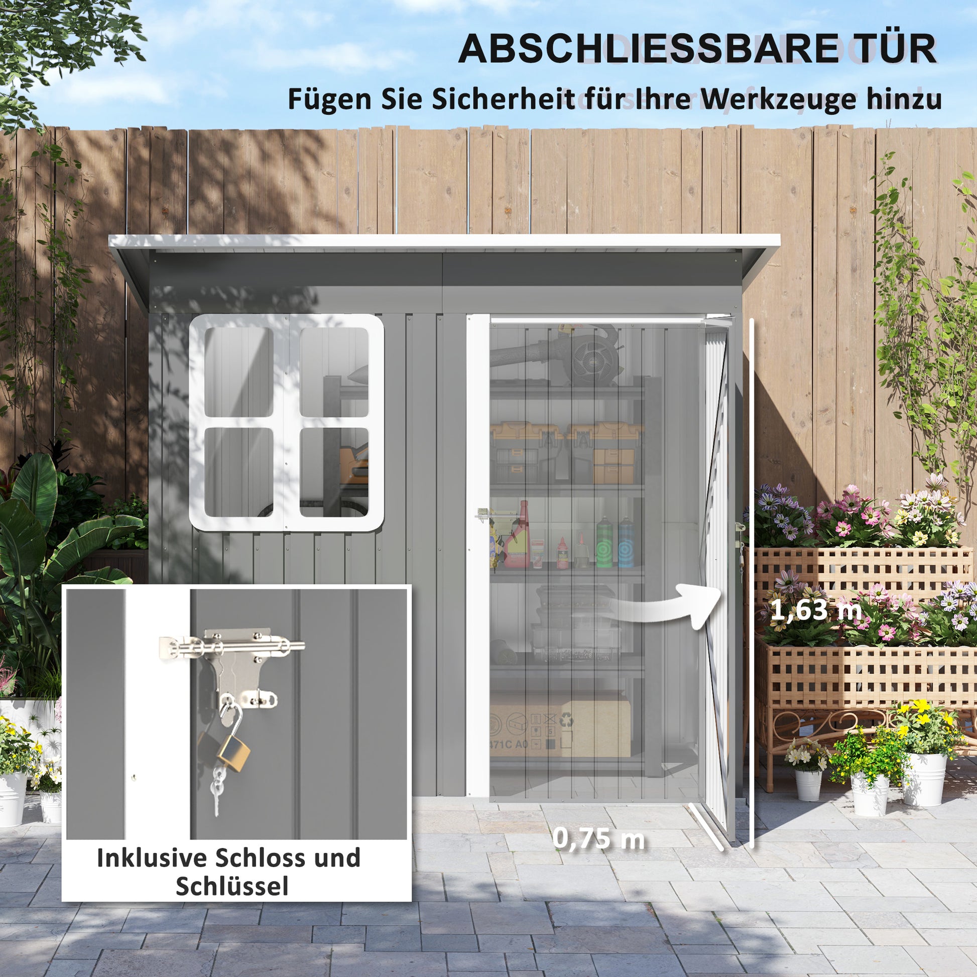 Garden Shed 2.55m², Shed with Pent Roof, 221 x 133 x 190/173 cm, Tool Shed with Lockable Door, Window, Bicycle Garage, Steel Garden Cabinet, for Backyard, Garden, Dark Gray