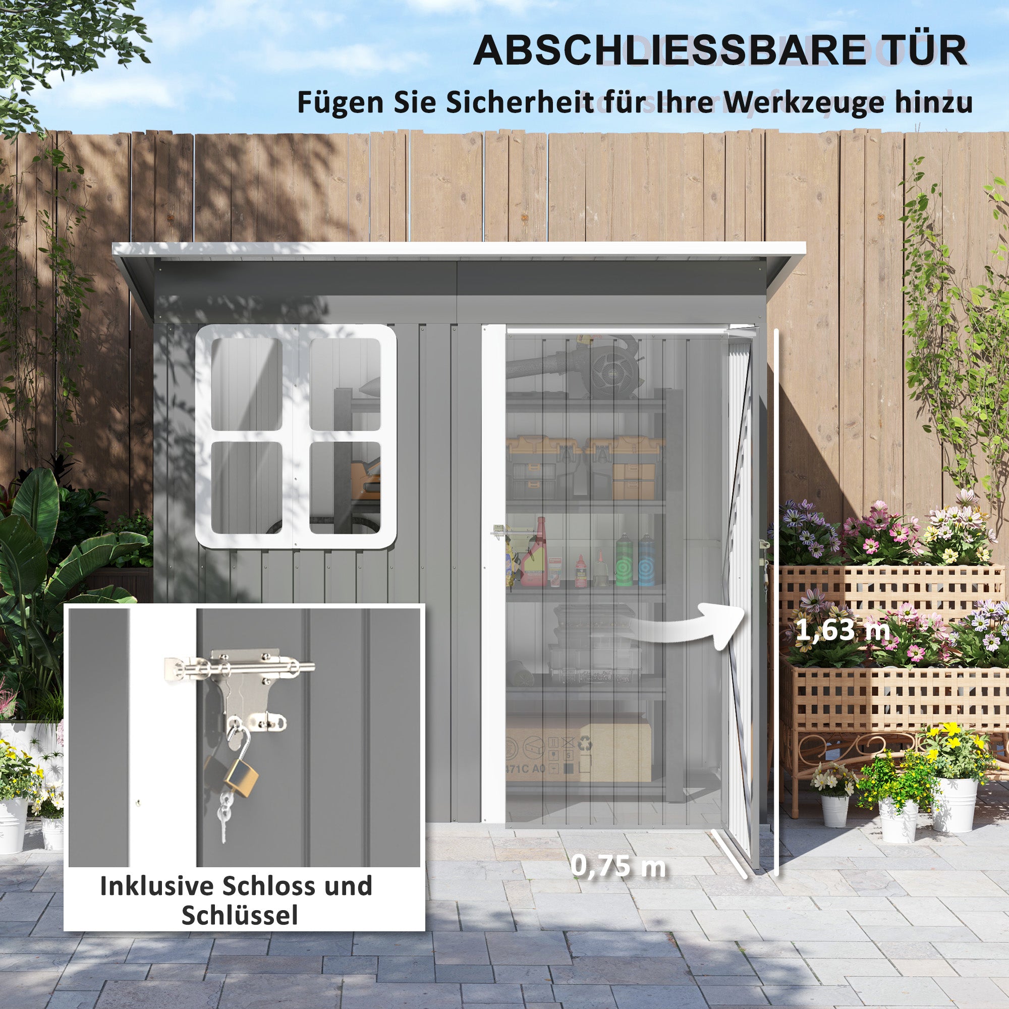Garden Shed 2.55m², Shed with Pent Roof, 221 x 133 x 190/173 cm, Tool Shed with Lockable Door, Window, Bicycle Garage, Steel Garden Cabinet, for Backyard, Garden, Dark Gray