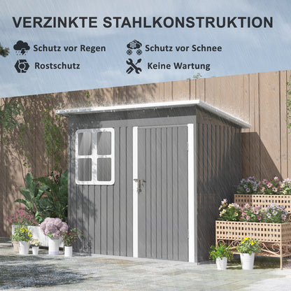 Garden Shed 2.55m², Shed with Pent Roof, 221 x 133 x 190/173 cm, Tool Shed with Lockable Door, Window, Bicycle Garage, Steel Garden Cabinet, for Backyard, Garden, Dark Gray