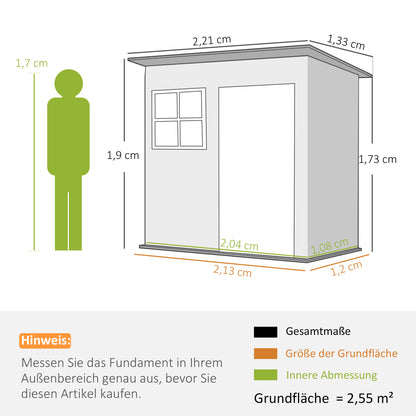 Garden Shed 2.55m², Shed with Pent Roof, 221 x 133 x 190/173 cm, Tool Shed with Lockable Door, Window, Bicycle Garage, Steel Garden Cabinet, for Backyard, Garden, Dark Gray