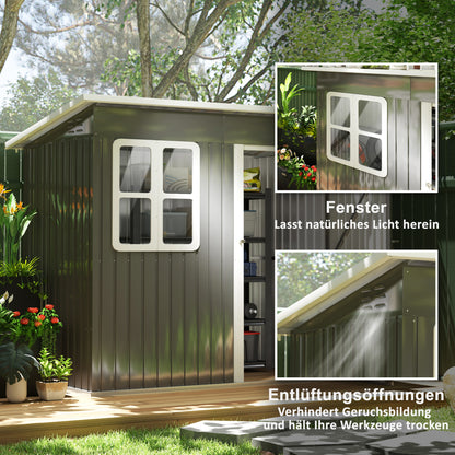 Garden Shed 2.55m², Shed with Pent Roof, 221 x 133 x 190/173 cm, Tool Shed with Lockable Door, Window, Bicycle Garage, Steel Garden Cabinet, for Backyard, Garden, Dark Gray