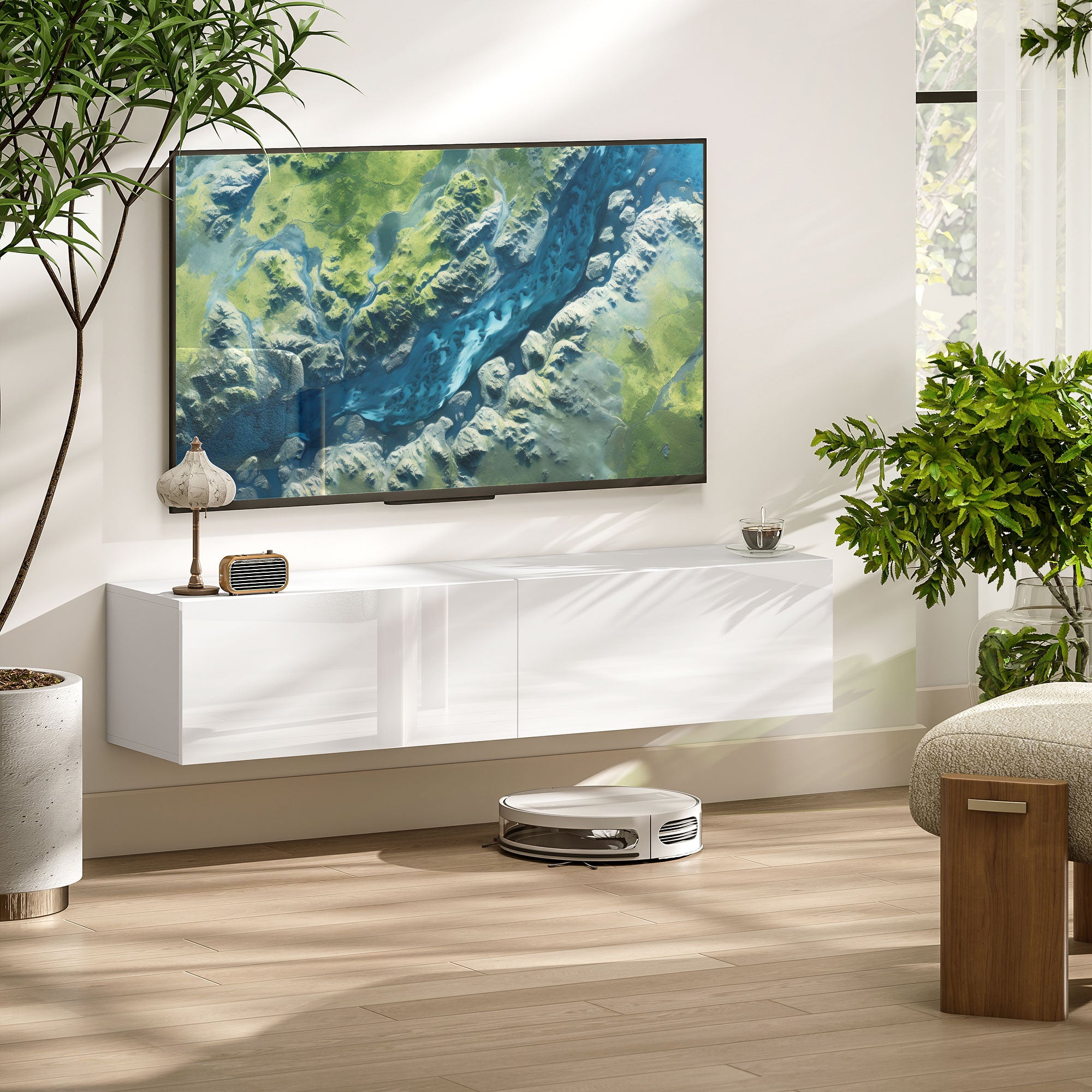 Floating TV Stand Wall-Mounted TV Cabinet for TVs up to 45 55 65 Inches with 2 Doors, Wall TV Stand for Living Room Bedroom, 140 x 33 x 29.8 cm, White