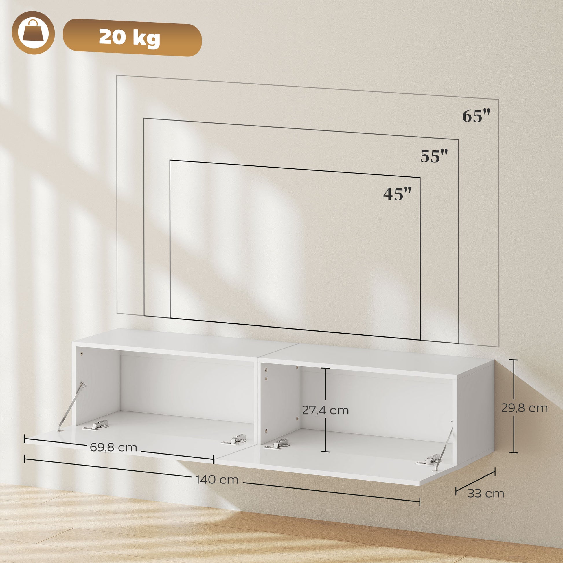 Floating TV Stand Wall-Mounted TV Cabinet for TVs up to 45 55 65 Inches with 2 Doors, Wall TV Stand for Living Room Bedroom, 140 x 33 x 29.8 cm, White