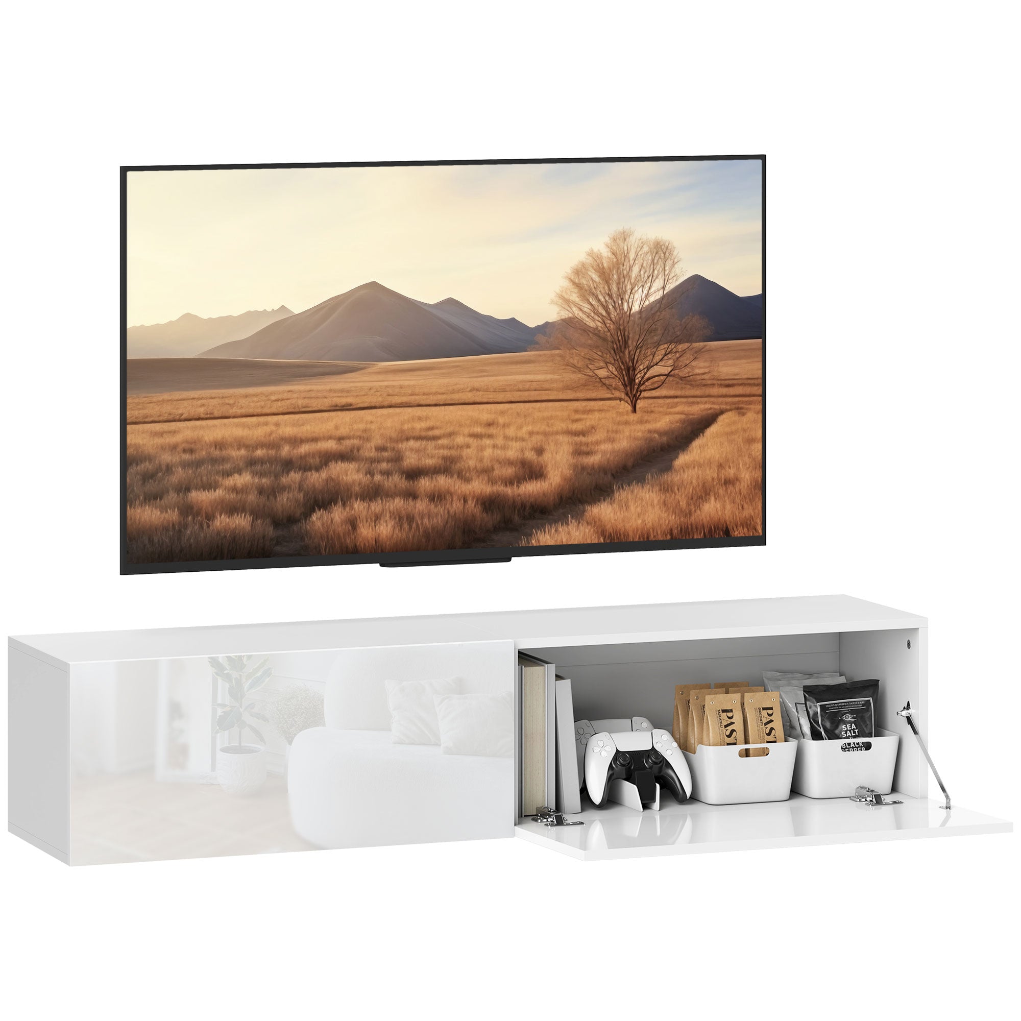 Floating TV Stand Wall-Mounted TV Cabinet for TVs up to 45 55 65 Inches with 2 Doors, Wall TV Stand for Living Room Bedroom, 140 x 33 x 29.8 cm, White