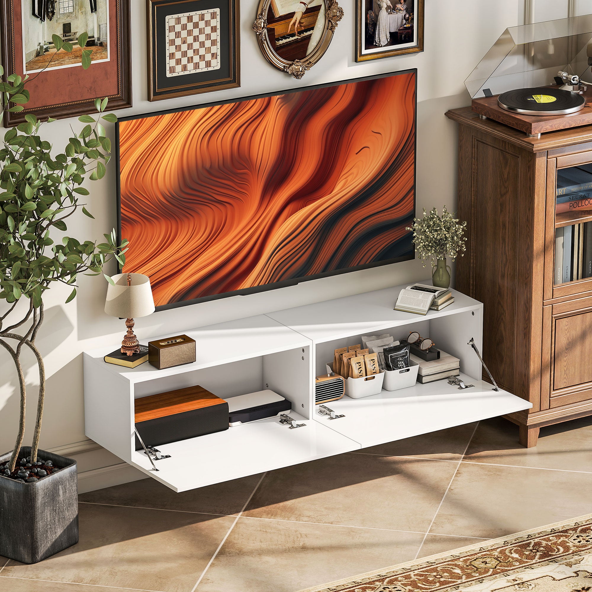 Floating TV Stand Wall-Mounted TV Cabinet for TVs up to 45 55 65 Inches with 2 Doors, Wall TV Stand for Living Room Bedroom, 140 x 33 x 29.8 cm, White