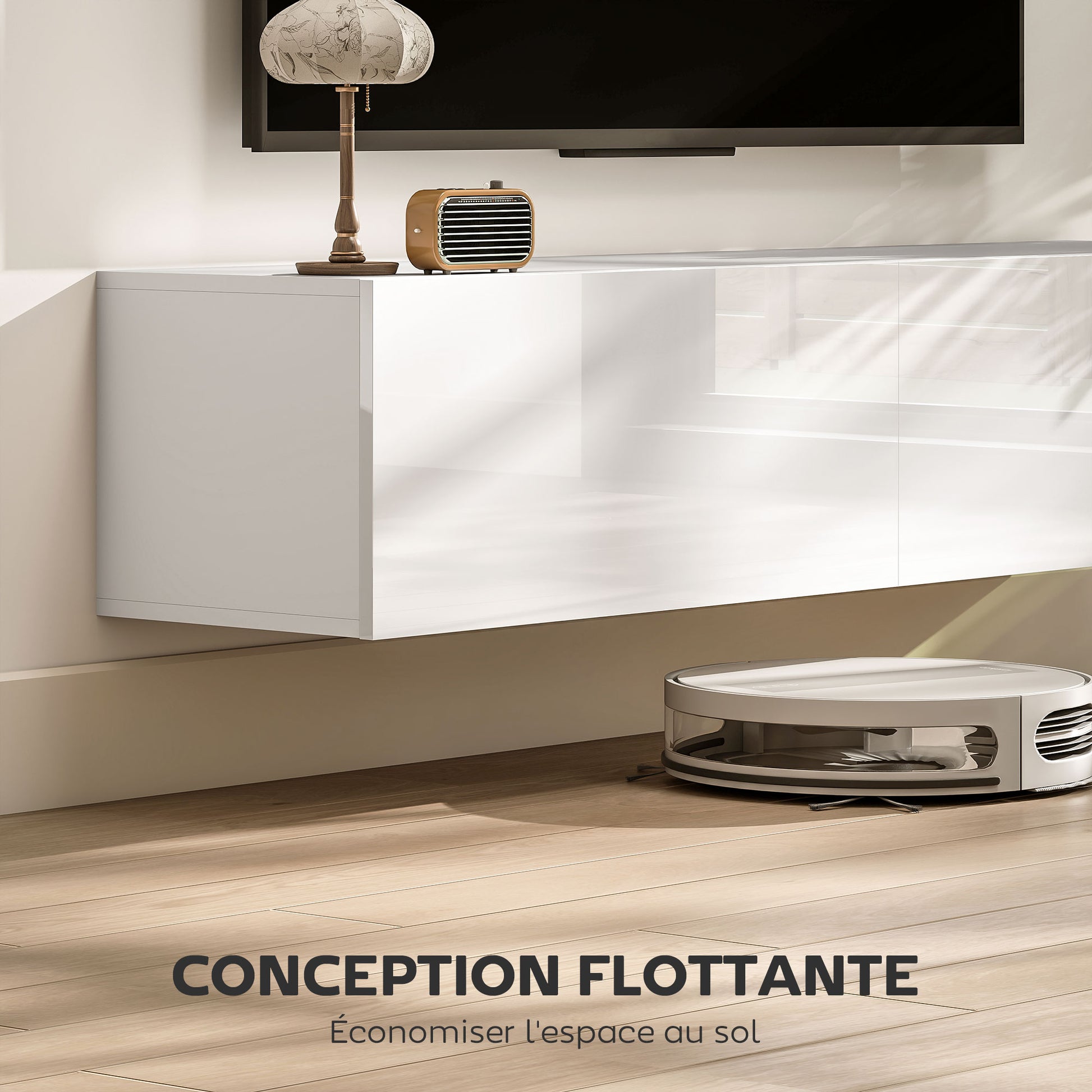 Floating TV Stand Wall-Mounted TV Cabinet for TVs up to 45 55 65 Inches with 2 Doors, Wall TV Stand for Living Room Bedroom, 140 x 33 x 29.8 cm, White