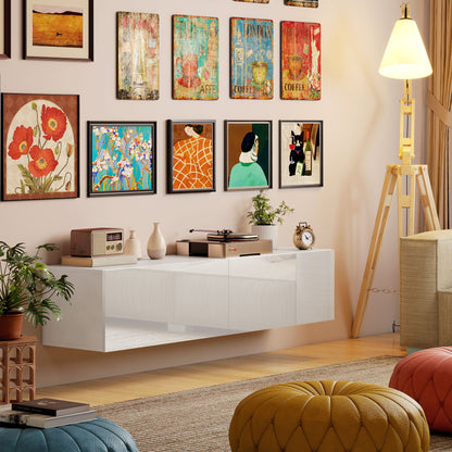 Floating TV Stand Wall-Mounted TV Cabinet for TVs up to 45 55 65 Inches with 2 Doors, Wall TV Stand for Living Room Bedroom, 140 x 33 x 29.8 cm, White
