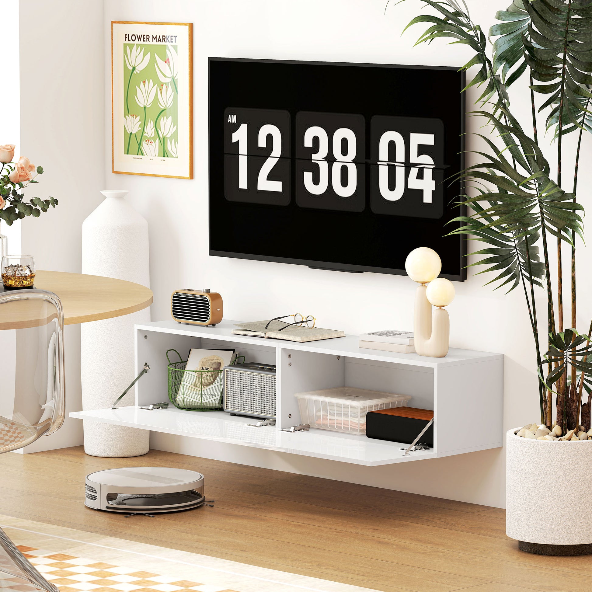 Floating TV Stand Wall-Mounted TV Cabinet for TVs up to 45 55 65 Inches with 2 Doors, Wall TV Stand for Living Room Bedroom, 140 x 33 x 29.8 cm, White