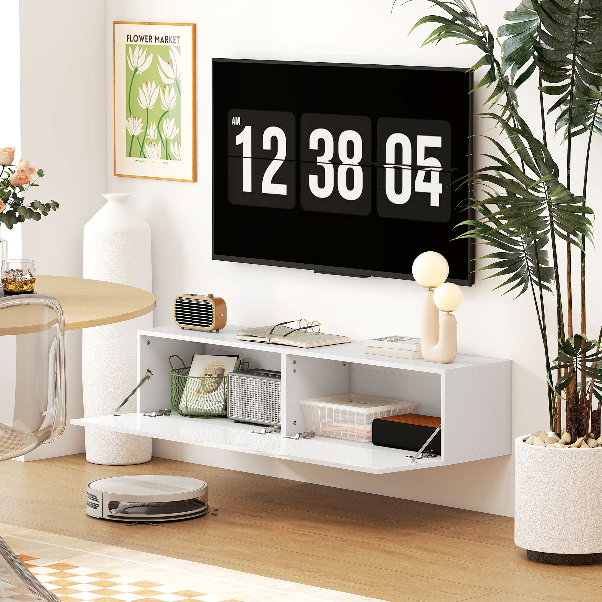 Floating TV Stand Wall-Mounted TV Cabinet for TVs up to 45 55 65 Inches with 2 Doors, Wall TV Stand for Living Room Bedroom, 140 x 33 x 29.8 cm, White