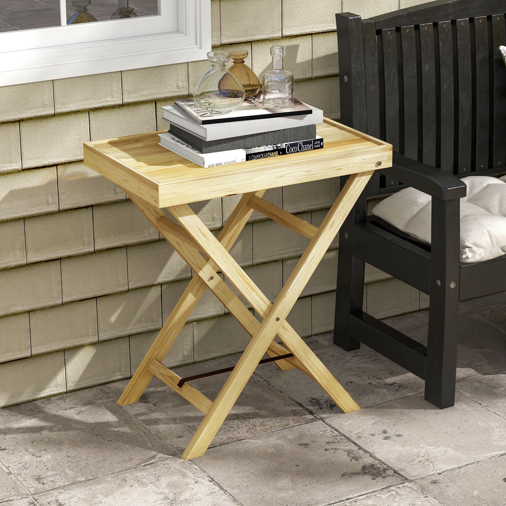 Rectangular outdoor garden table in natural wood for balcony terrace 68L x 44W x 75H cm