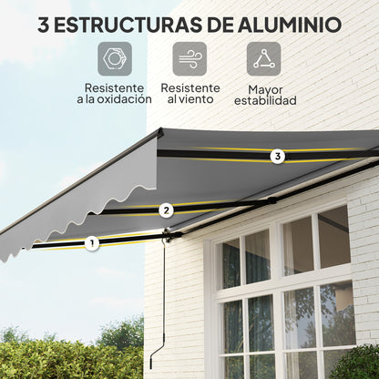 Manual Retractable Awning 360x220 cm Balcony Awning with Aluminum Crank 3 Arms and UV30+ Protection Retractable Outdoor Awning for Garden Terrace Windows Gray