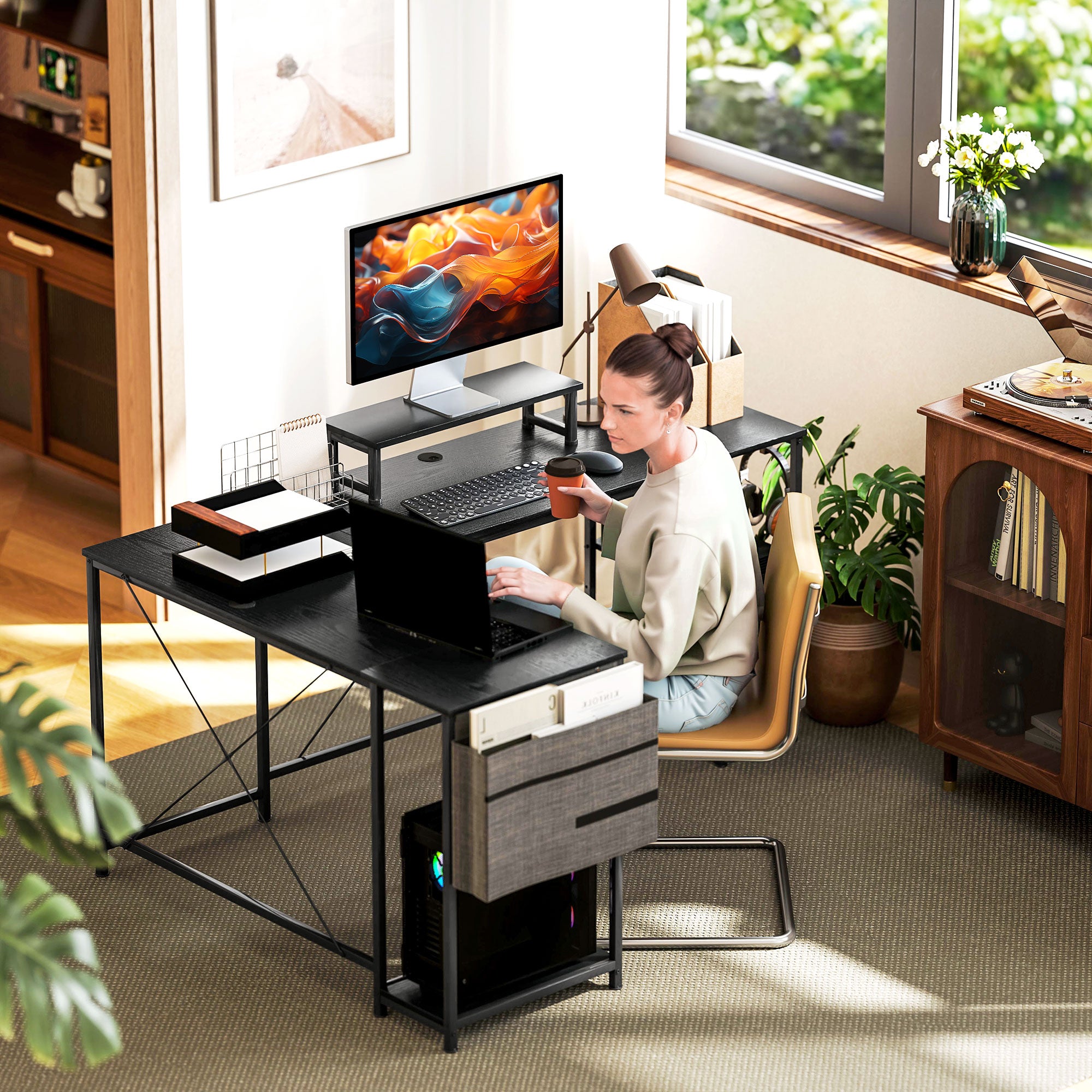 Reversible Modular Corner Desk with Storage, 66–94 in Industrial Black — Adjustable Shelves, Storage Pocket & Monitor Stand, Seats 2