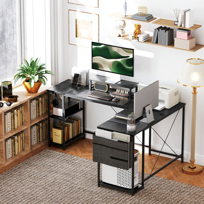Reversible Modular Corner Desk with Storage, 66–94 in Industrial Black — Adjustable Shelves, Storage Pocket & Monitor Stand, Seats 2