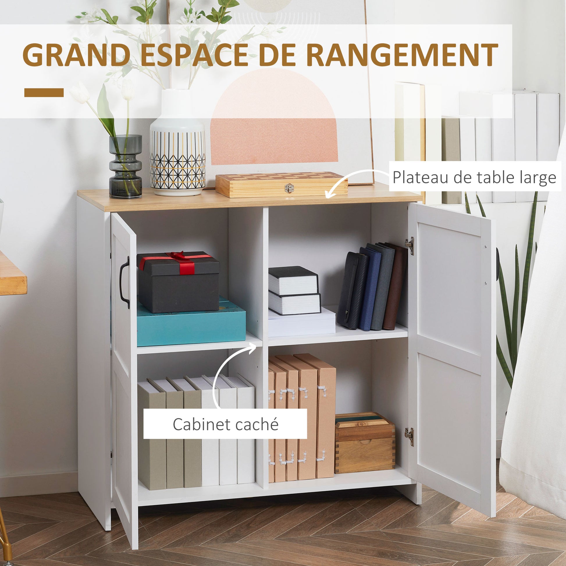 Kitchen Storage Cabinet Sideboard Buffet with 2 Doors and 2 Adjustable Shelves - White and Wood Look - 90 x 39.5 x 88 cm