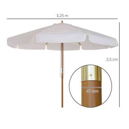 Terrace Exterior Umbrella Ø325 cm Garden Umbrella with Pulley System Ventilated Roof 8 Bamboo Ribs and Wooden Post Parasol for Patio Terrace Beige