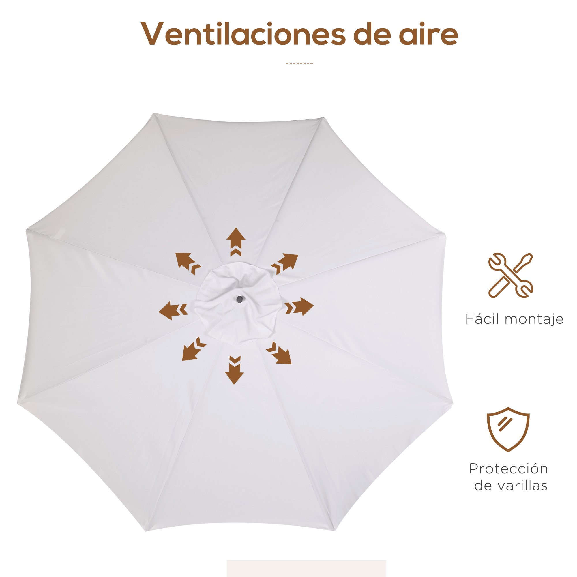 Terrace Exterior Umbrella Ø325 cm Garden Umbrella with Pulley System Ventilated Roof 8 Bamboo Ribs and Wooden Post Parasol for Patio Terrace Beige