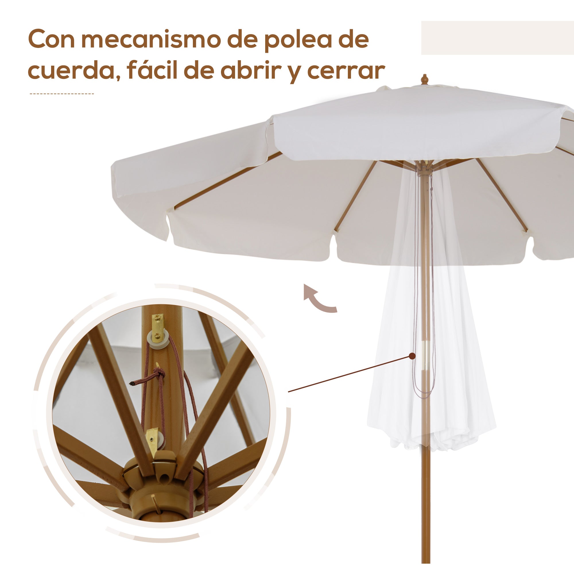 Terrace Exterior Umbrella Ø325 cm Garden Umbrella with Pulley System Ventilated Roof 8 Bamboo Ribs and Wooden Post Parasol for Patio Terrace Beige