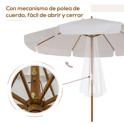 Terrace Exterior Umbrella Ø325 cm Garden Umbrella with Pulley System Ventilated Roof 8 Bamboo Ribs and Wooden Post Parasol for Patio Terrace Beige