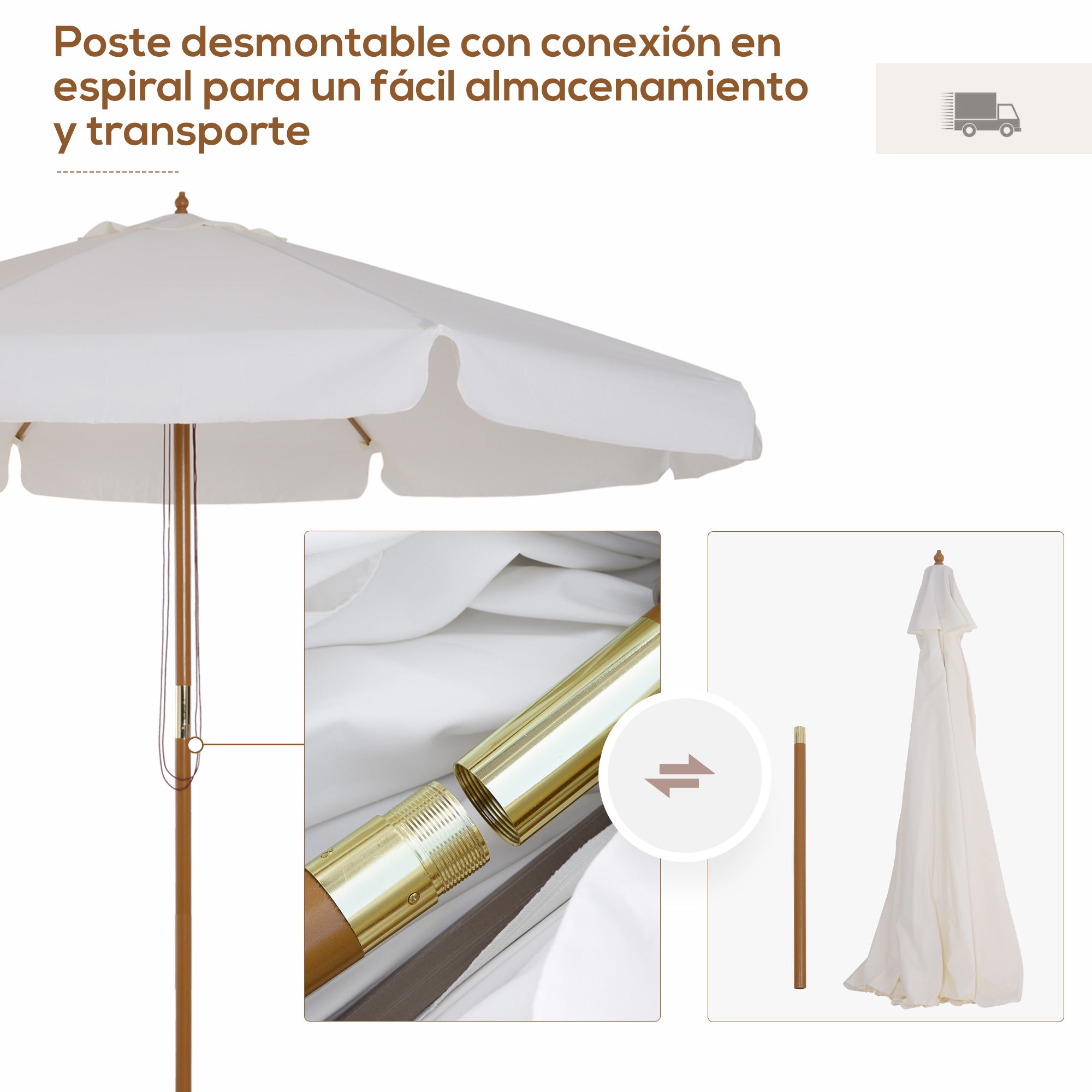 Terrace Exterior Umbrella Ø325 cm Garden Umbrella with Pulley System Ventilated Roof 8 Bamboo Ribs and Wooden Post Parasol for Patio Terrace Beige