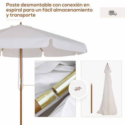 Terrace Exterior Umbrella Ø325 cm Garden Umbrella with Pulley System Ventilated Roof 8 Bamboo Ribs and Wooden Post Parasol for Patio Terrace Beige
