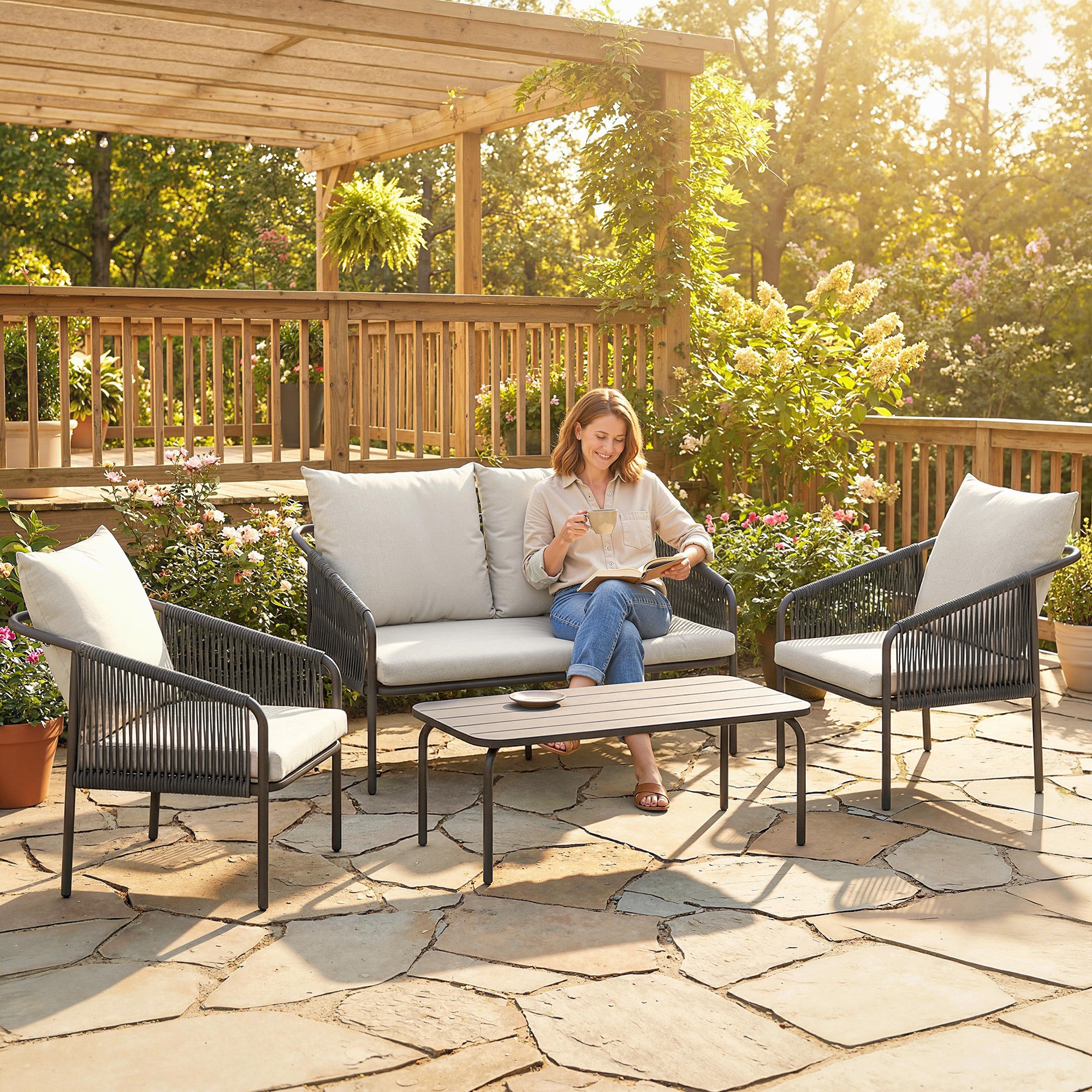 4-Piece Polyrattan Outdoor Lounge Set – 2-Seater Sofa, 2 Armchairs & Coffee Table with Removable Cushions, Steel Frame – Khaki