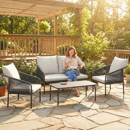 4-Piece Polyrattan Outdoor Lounge Set – 2-Seater Sofa, 2 Armchairs & Coffee Table with Removable Cushions, Steel Frame – Khaki
