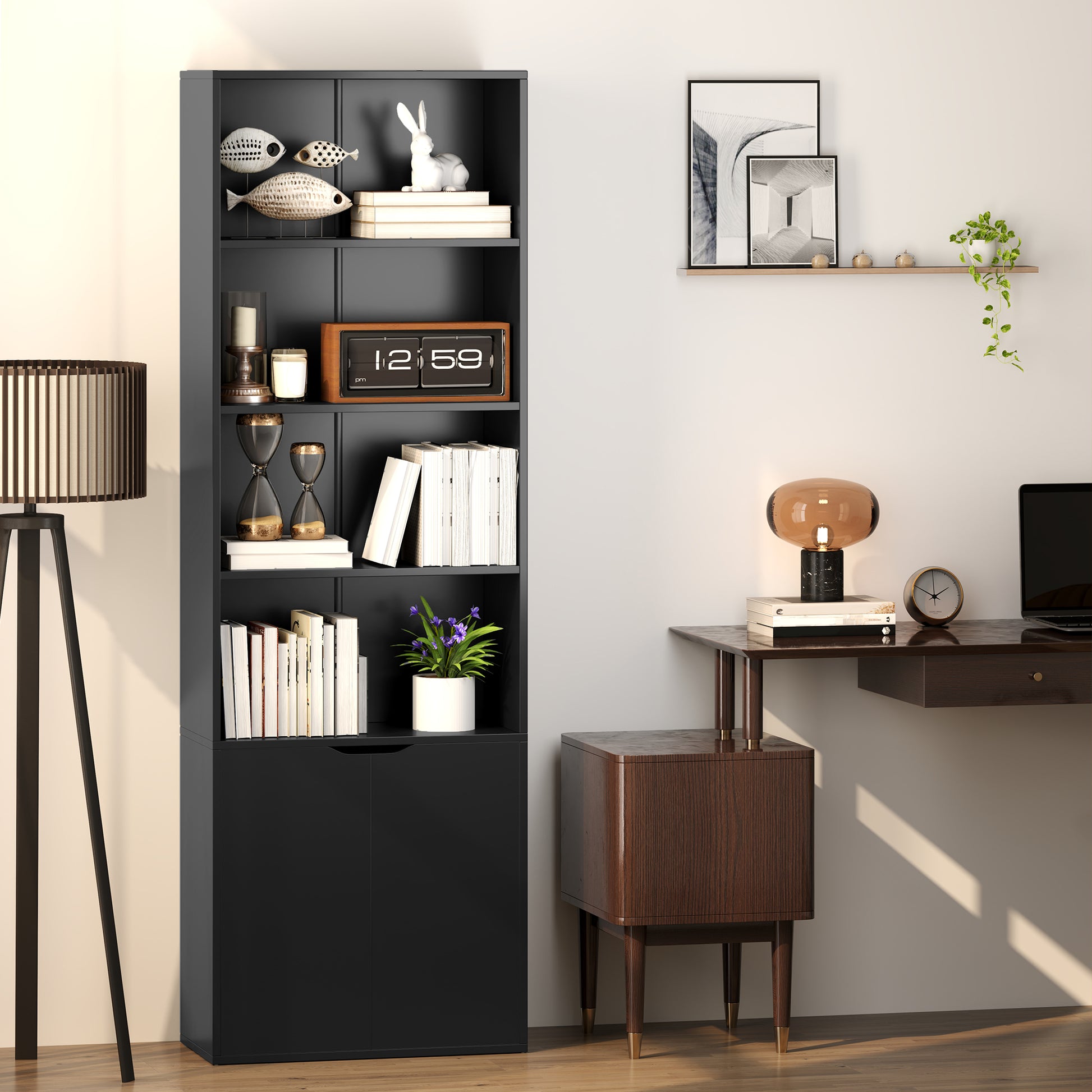 Bookcase Storage Shelf with 4 Open Compartments and 2 Doors, Storage Shelf for Living Room, Bedroom, Office, 59 x 29 x 180 cm, Black