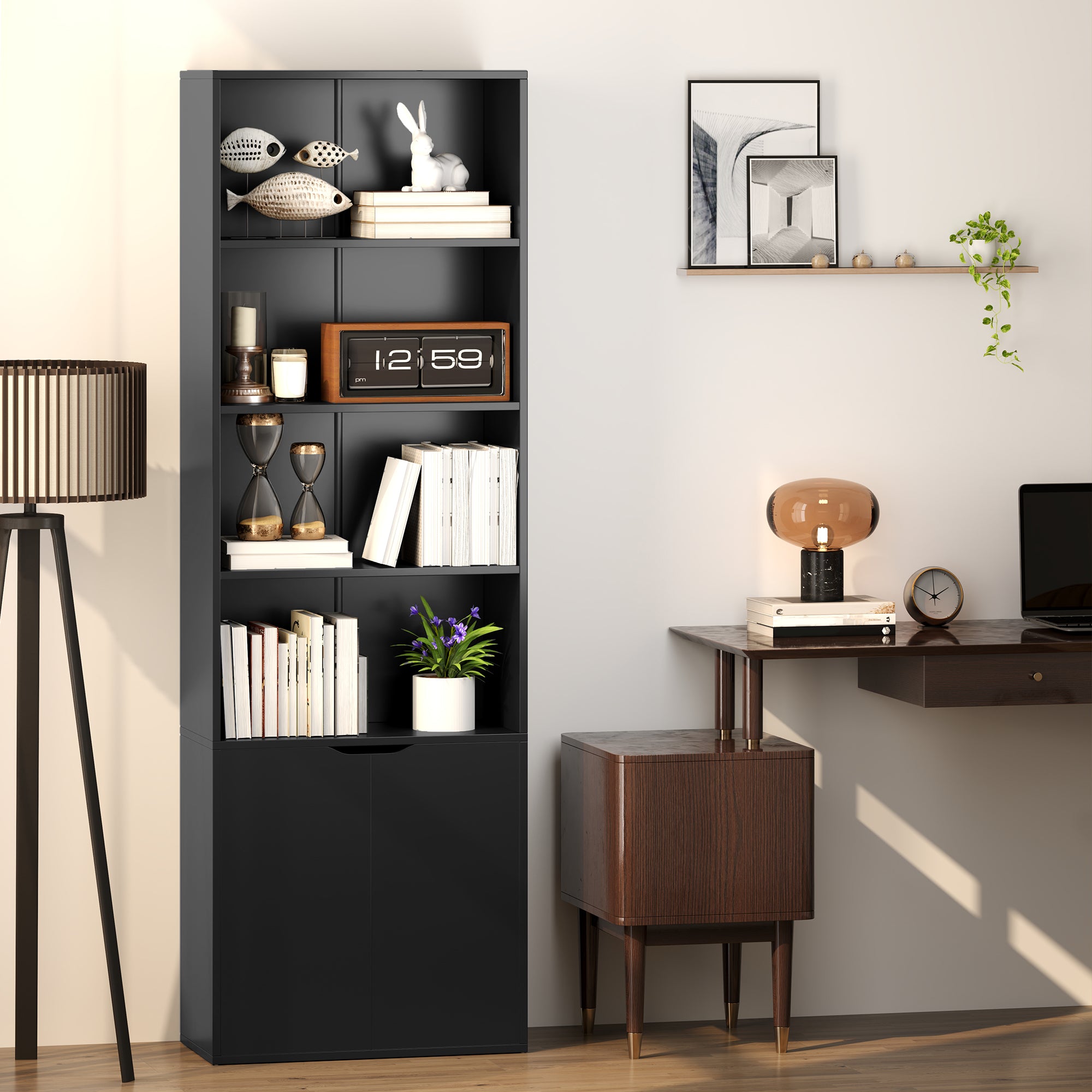 Bookcase Storage Shelf with 4 Open Compartments and 2 Doors, Storage Shelf for Living Room, Bedroom, Office, 59 x 29 x 180 cm, Black