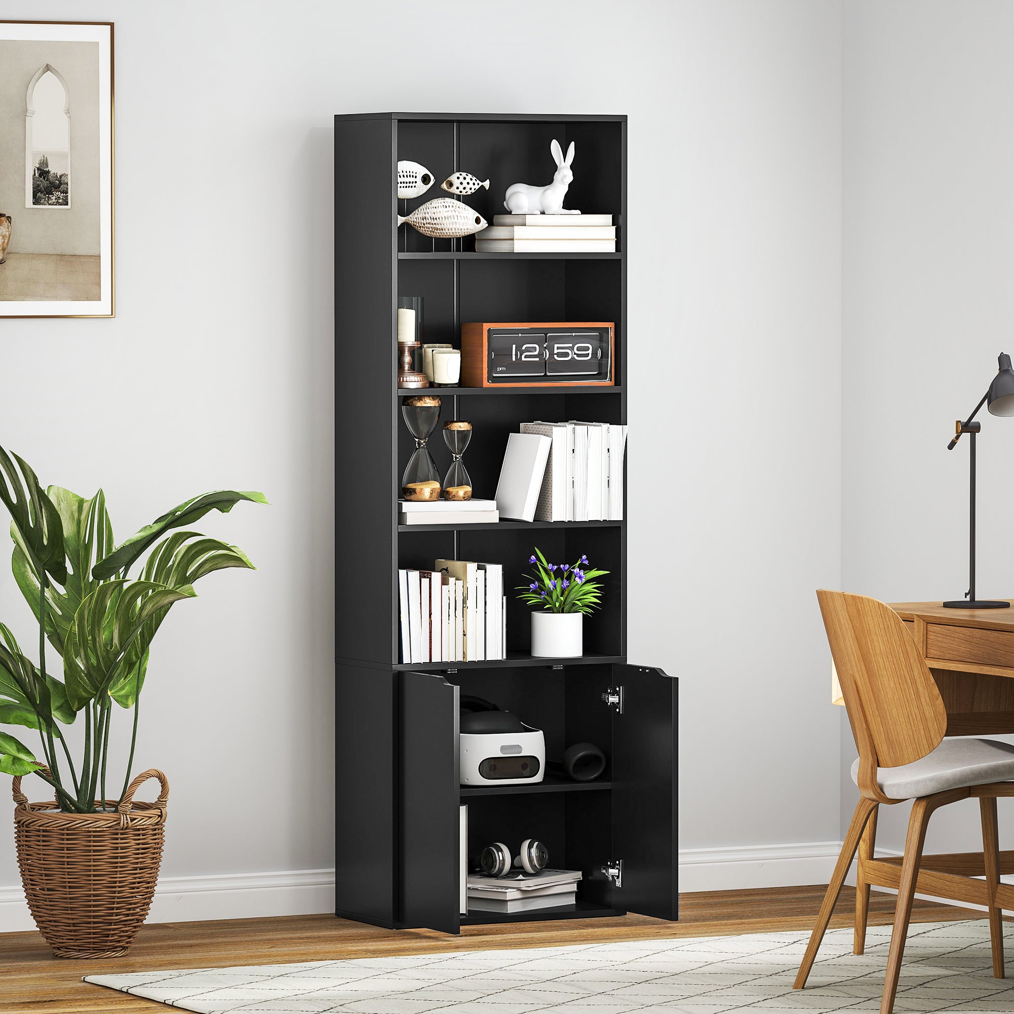 Bookcase Storage Shelf with 4 Open Compartments and 2 Doors, Storage Shelf for Living Room, Bedroom, Office, 59 x 29 x 180 cm, Black