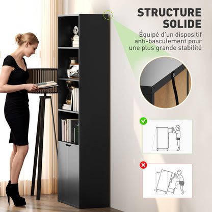 Bookcase Storage Shelf with 4 Open Compartments and 2 Doors, Storage Shelf for Living Room, Bedroom, Office, 59 x 29 x 180 cm, Black