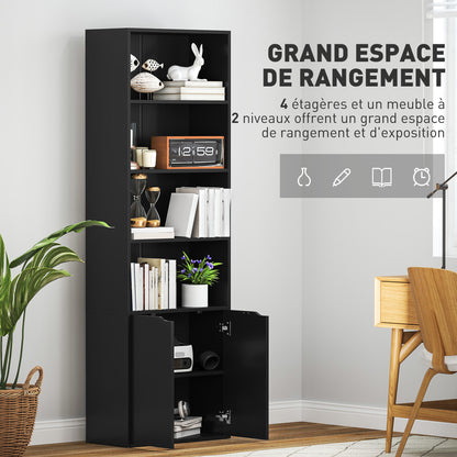 Bookcase Storage Shelf with 4 Open Compartments and 2 Doors, Storage Shelf for Living Room, Bedroom, Office, 59 x 29 x 180 cm, Black