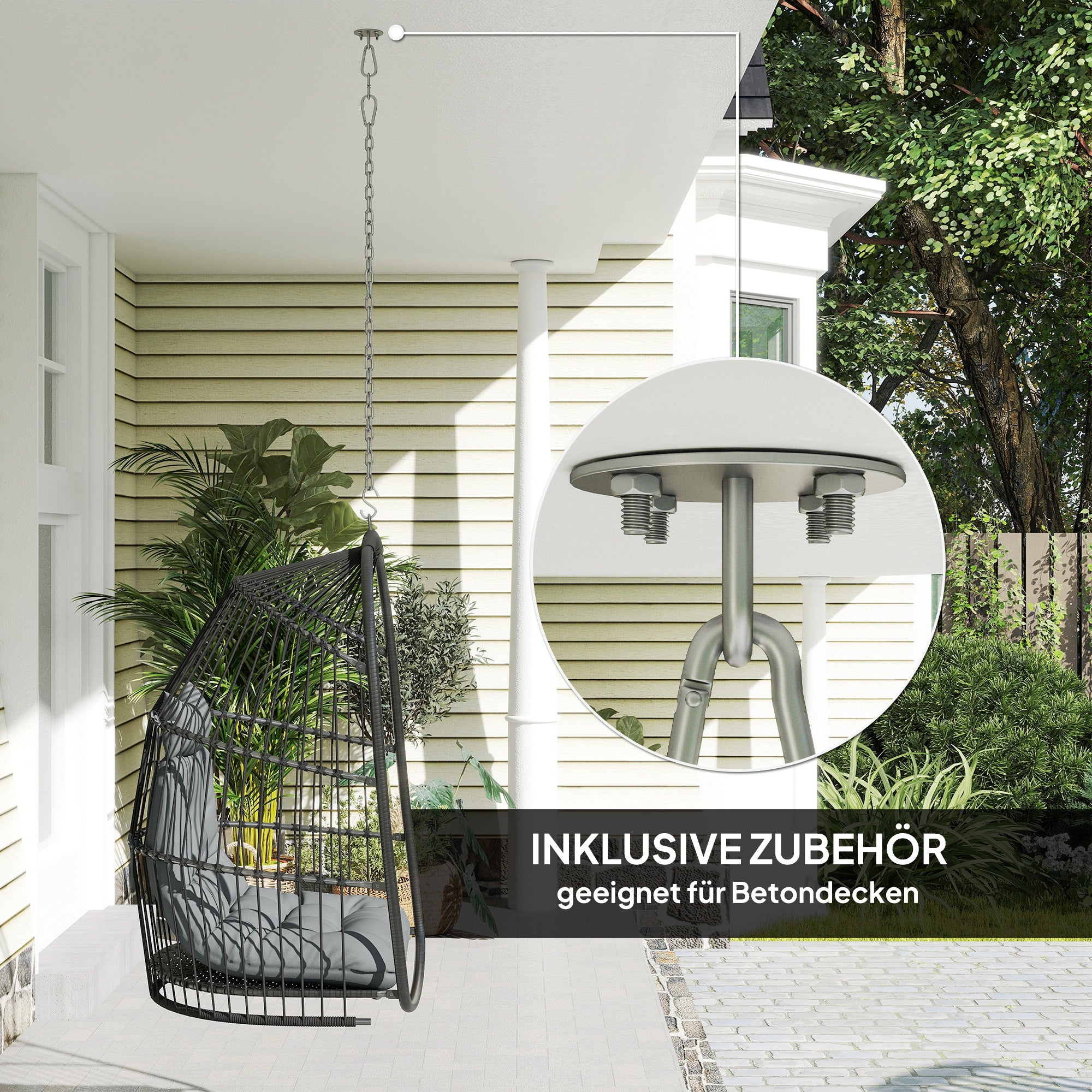 Hanging Chair Hanging Basket with Cushion Poly Rattan Swing Outdoor Indoor Foldable Hanging Chair Loadable up to 150kg Hanging Swing Basket Hanging Chair for Living Room Balcony Terrace Dark Gray